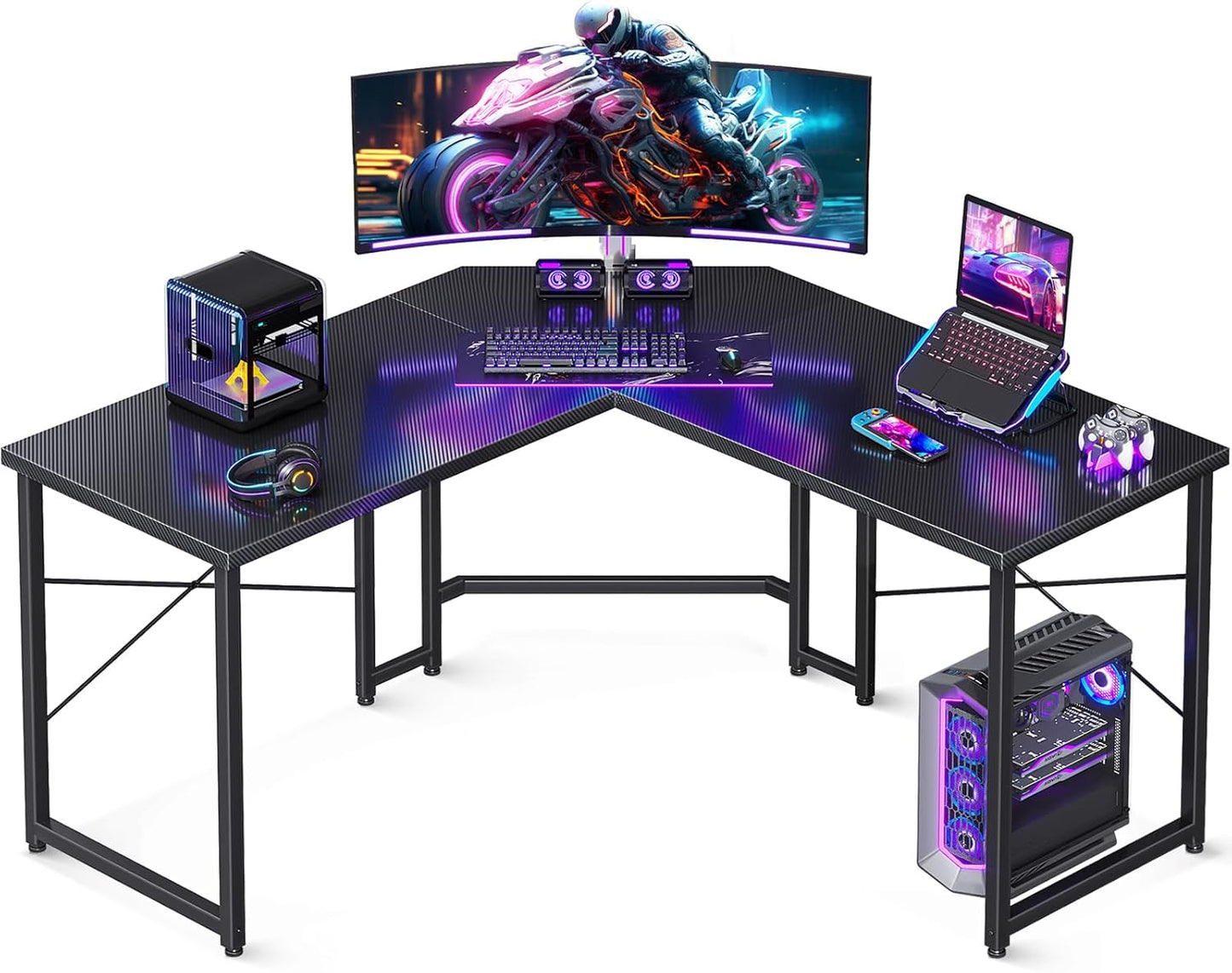 L Shaped Gaming Desk, Corner Desk Gaming Table for Home Office, Computer Desk Sturdy Writing Workstation for Small Space, Easy to Assemble, 51 Inch, Carbon Fiber Surface, Black