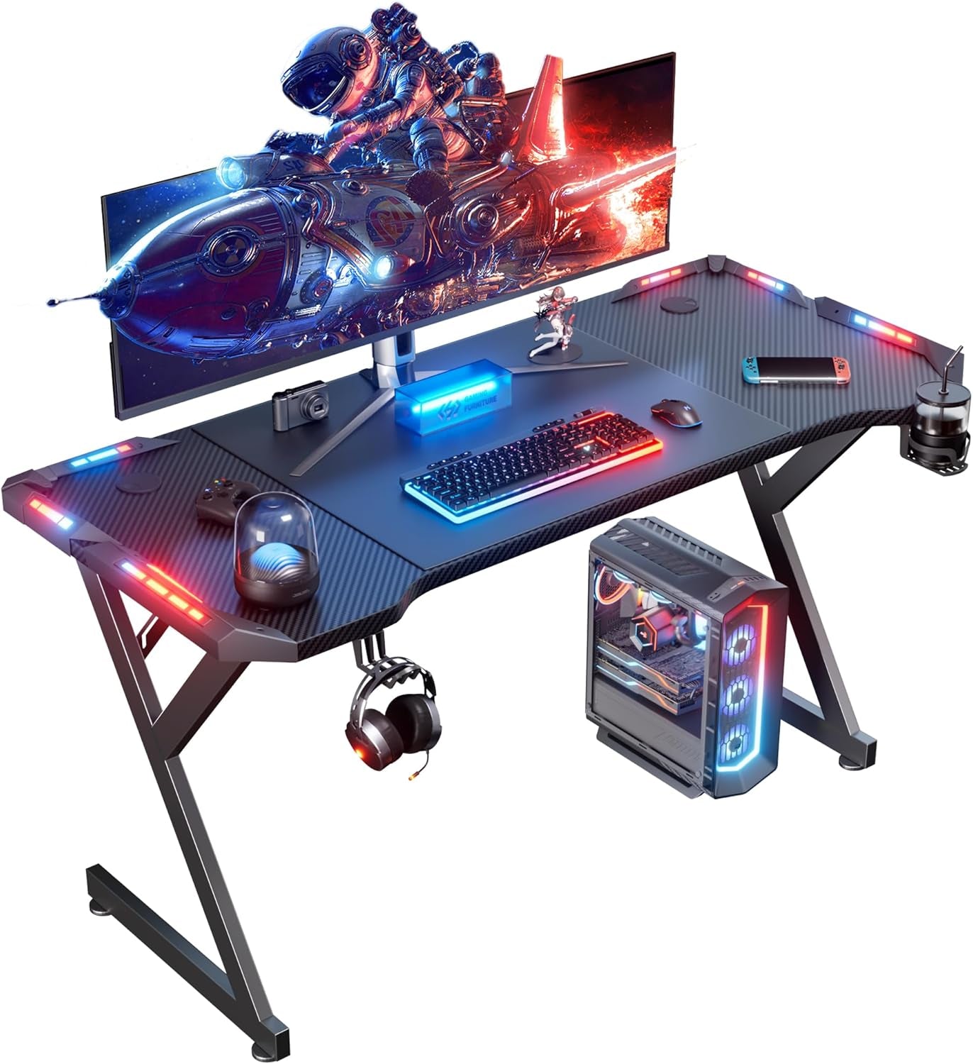 63 INCH Gaming Desk with LED Lights, Home Office Gamer Desk, Ergonomic Computer Table with Large Carbon Fiber Desktop, Office Workstation with Mouse Pad, Cup Holder & Headphone Hook, Black