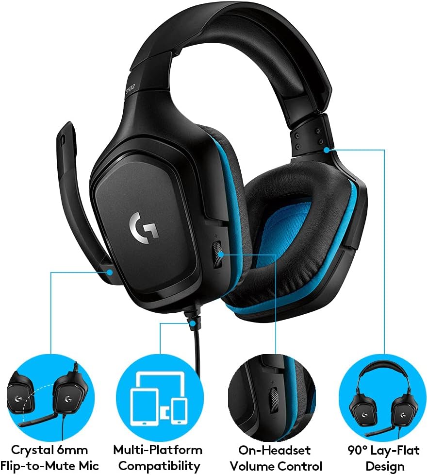 432 Wired Gaming Headset, 7.1 Surround Sound, DTS Headphone:X 2.0, Flip-To-Mute Mic, PC (Leatherette) Black/Blue