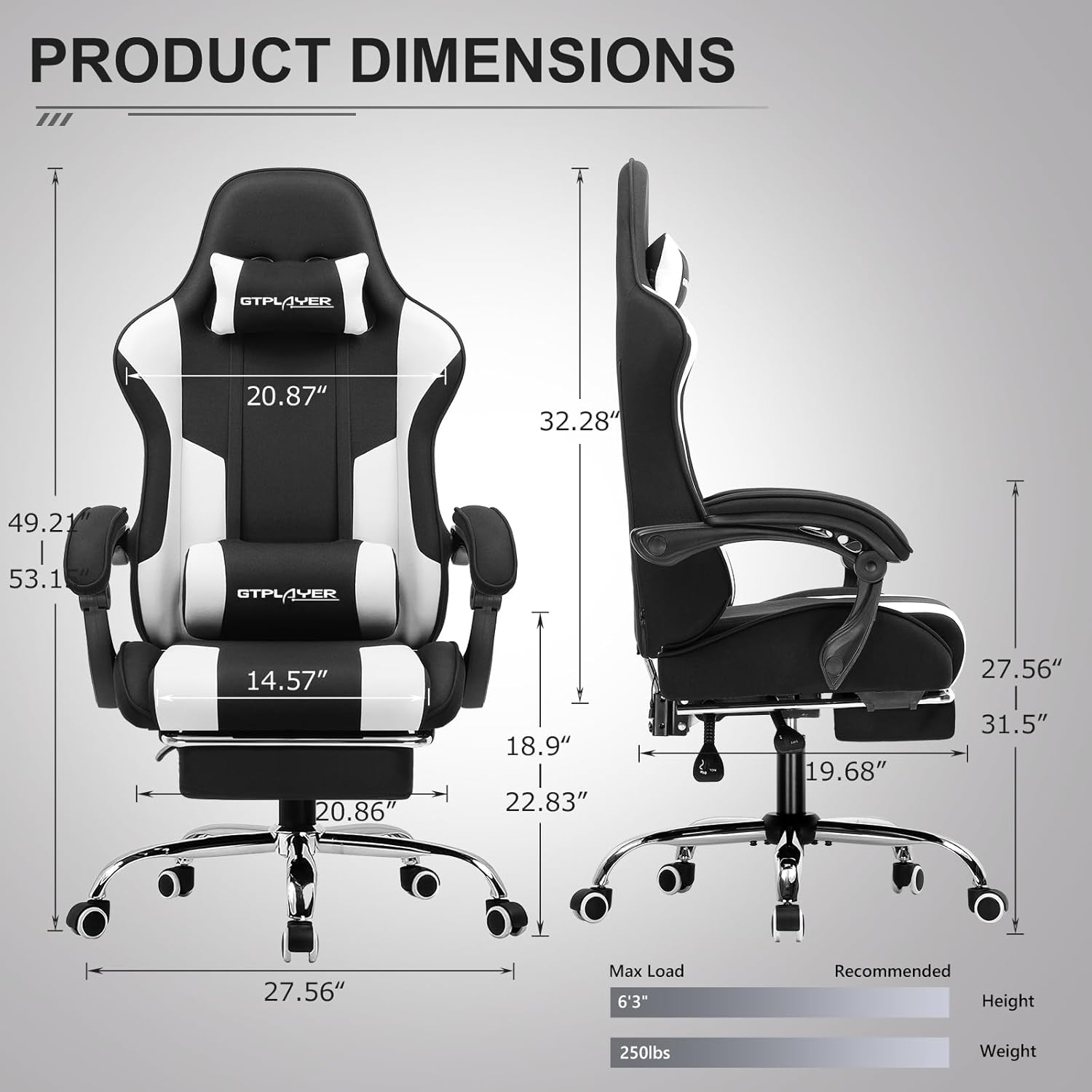 Gaming Chair, Computer Chair with Footrest and Lumbar Support, Height Adjustable Game Chair with 360°-Swivel Seat and Headrest and for Office or Gaming (Fabric, Black & Light Gray)