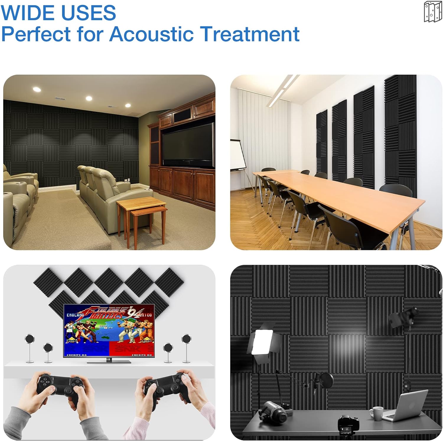 12 Pack Acoustic Panels Self-Adhesive, 1" X 12" X 12" Quick-Recovery Sound Proof Foam Panels, Acoustic Foam Wedges High Density, Soundproof Wall Panels for Home Studio,Carbon Black