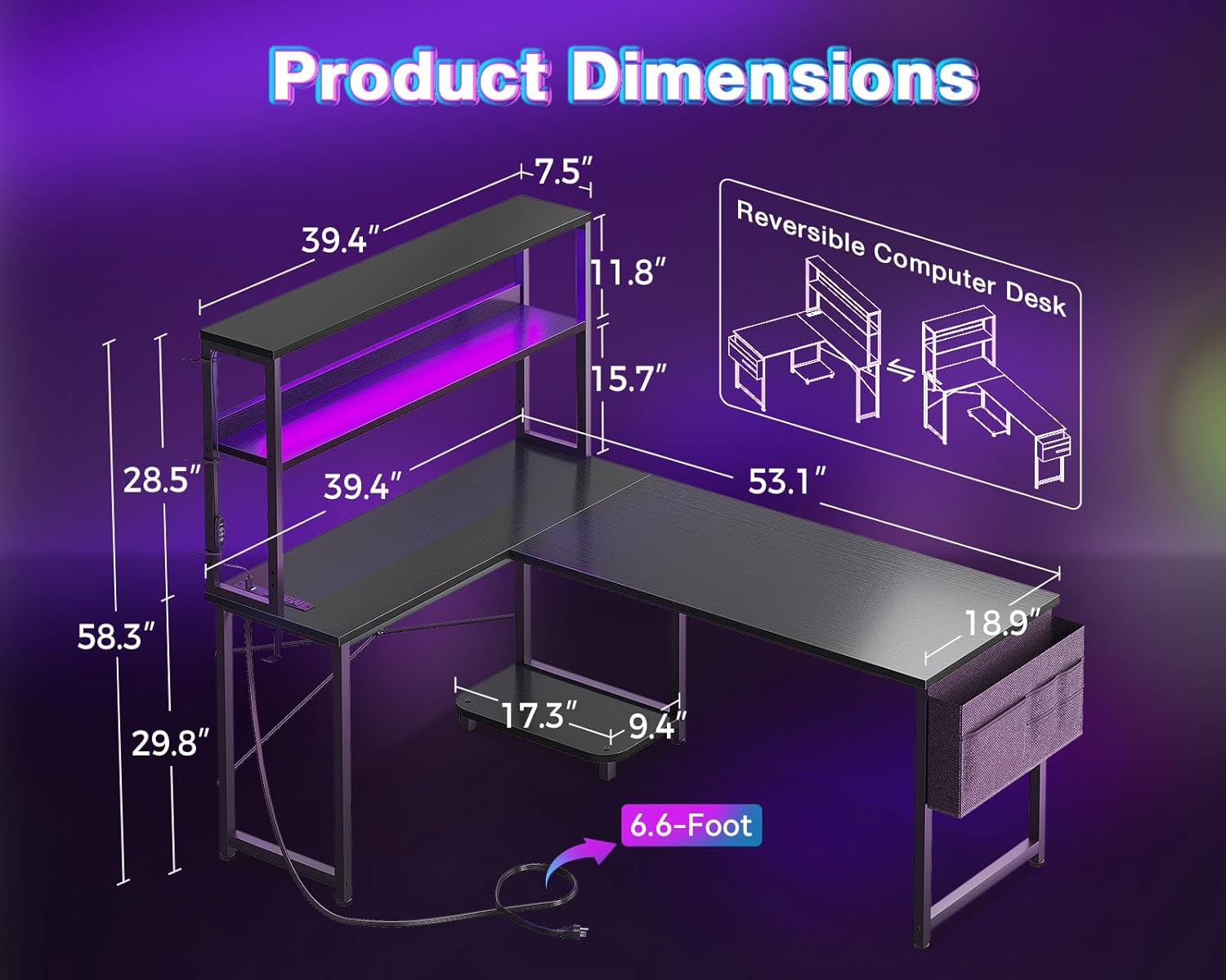 L Shaped Desk Gaming Desk with LED Light & Power Outlet, 53 Inch Reversible L Shaped Computer Desk with Shelf, Corner Desk with Storage Bag&Hook for Home Office Desk, Black