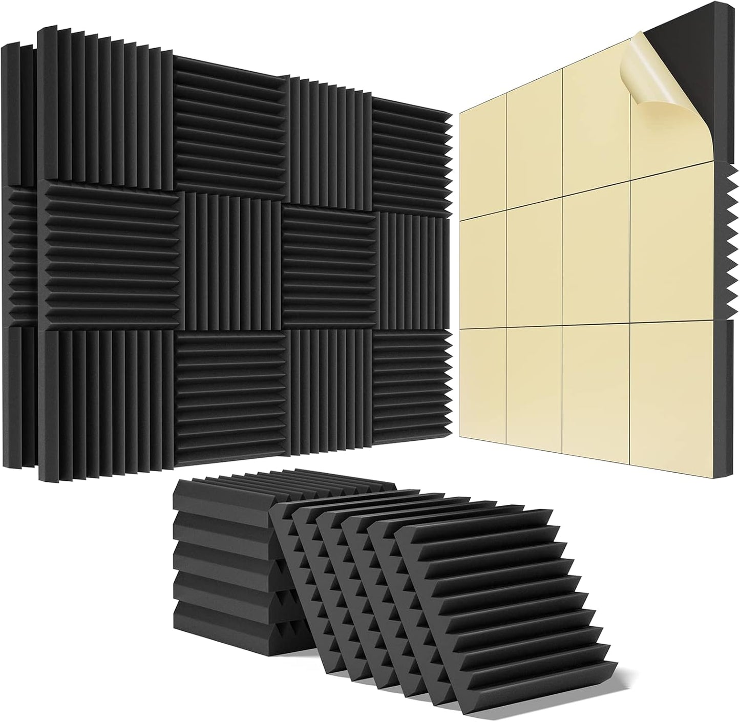 12 Pack Acoustic Panels Self-Adhesive, 1" X 12" X 12" Quick-Recovery Sound Proof Foam Panels, Acoustic Foam Wedges High Density, Soundproof Wall Panels for Home Studio,Carbon Black