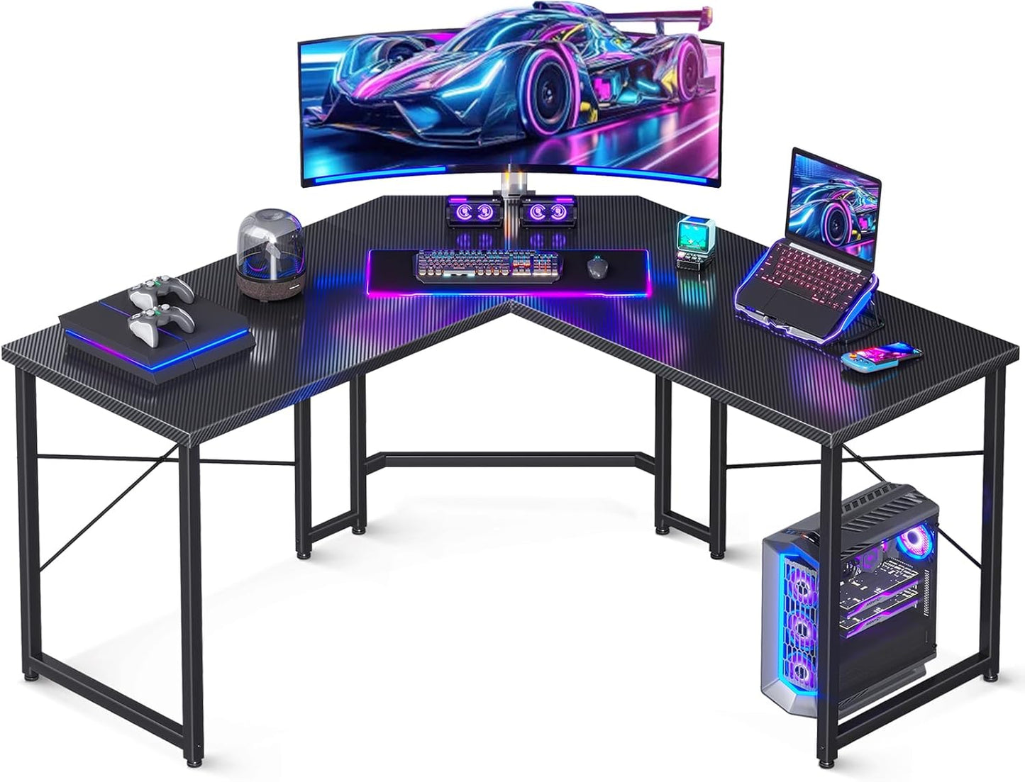 L Shaped Gaming Desk, Corner Desk Gaming Table for Home Office, Computer Desk Sturdy Writing Workstation for Small Space, Easy to Assemble, 51 Inch, Carbon Fiber Surface, Black