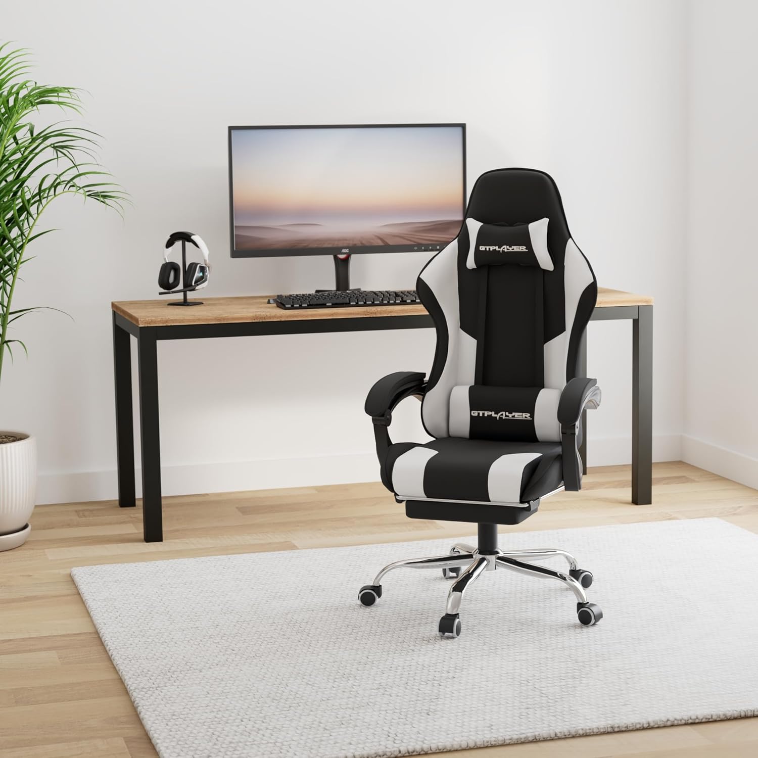 Gaming Chair, Computer Chair with Footrest and Lumbar Support, Height Adjustable Game Chair with 360°-Swivel Seat and Headrest and for Office or Gaming (Fabric, Black & Light Gray)