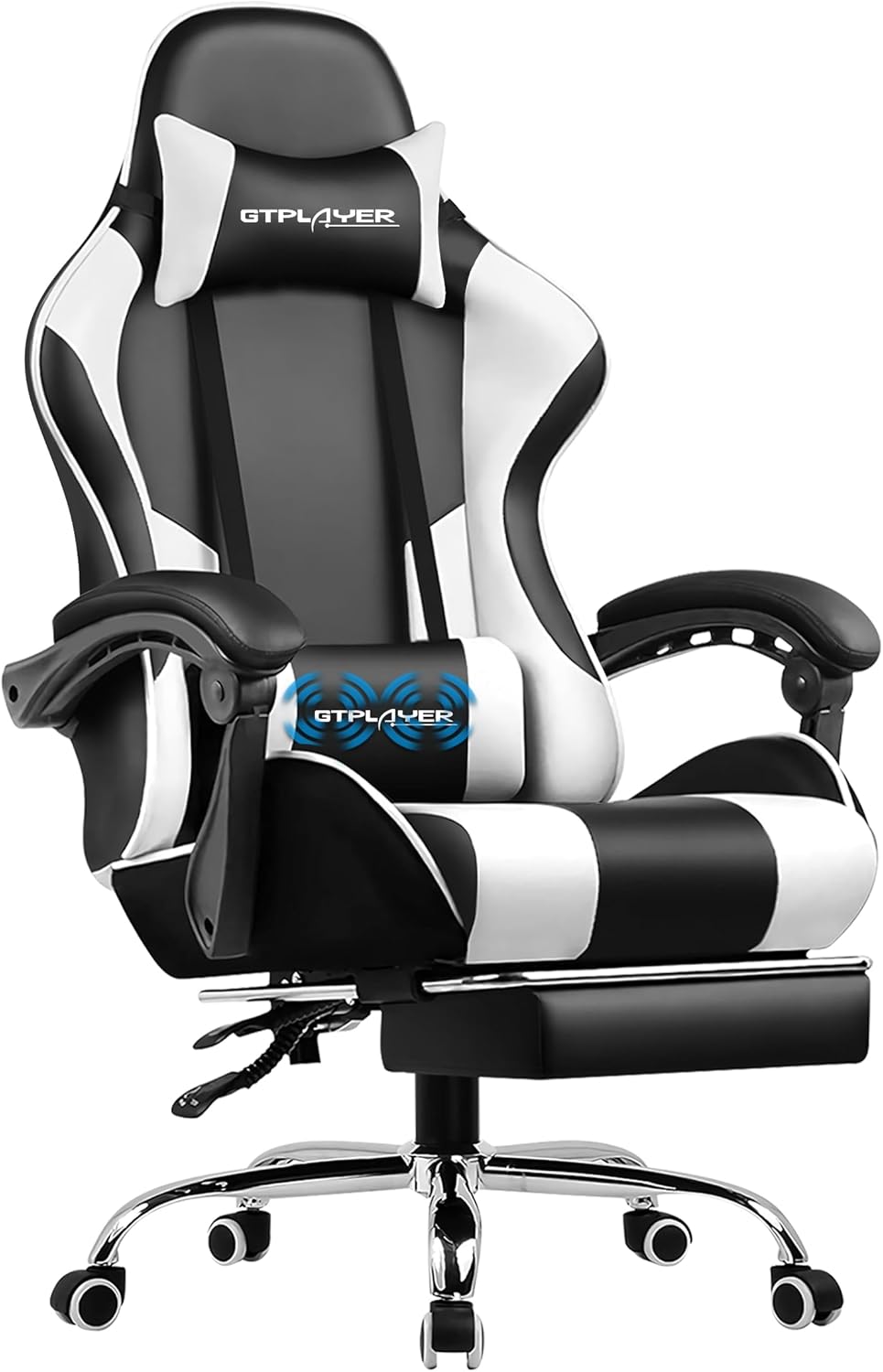 Gaming Chair, Computer Chair with Footrest and Lumbar Support, Height Adjustable Game Chair with 360°-Swivel Seat and Headrest and for Office or Gaming (Fabric, Black & Light Gray)