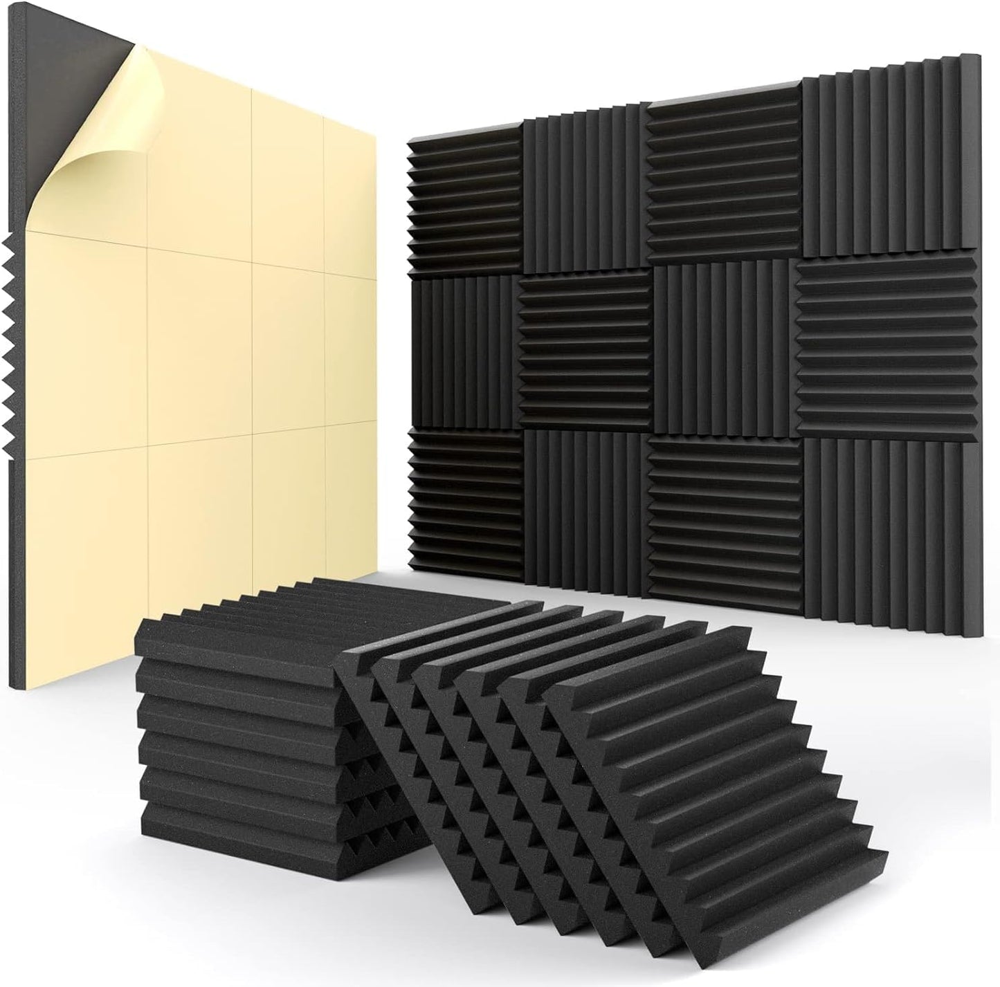 12 Pack Acoustic Panels Self-Adhesive, 1" X 12" X 12" Quick-Recovery Sound Proof Foam Panels, Acoustic Foam Wedges High Density, Soundproof Wall Panels for Home Studio,Carbon Black