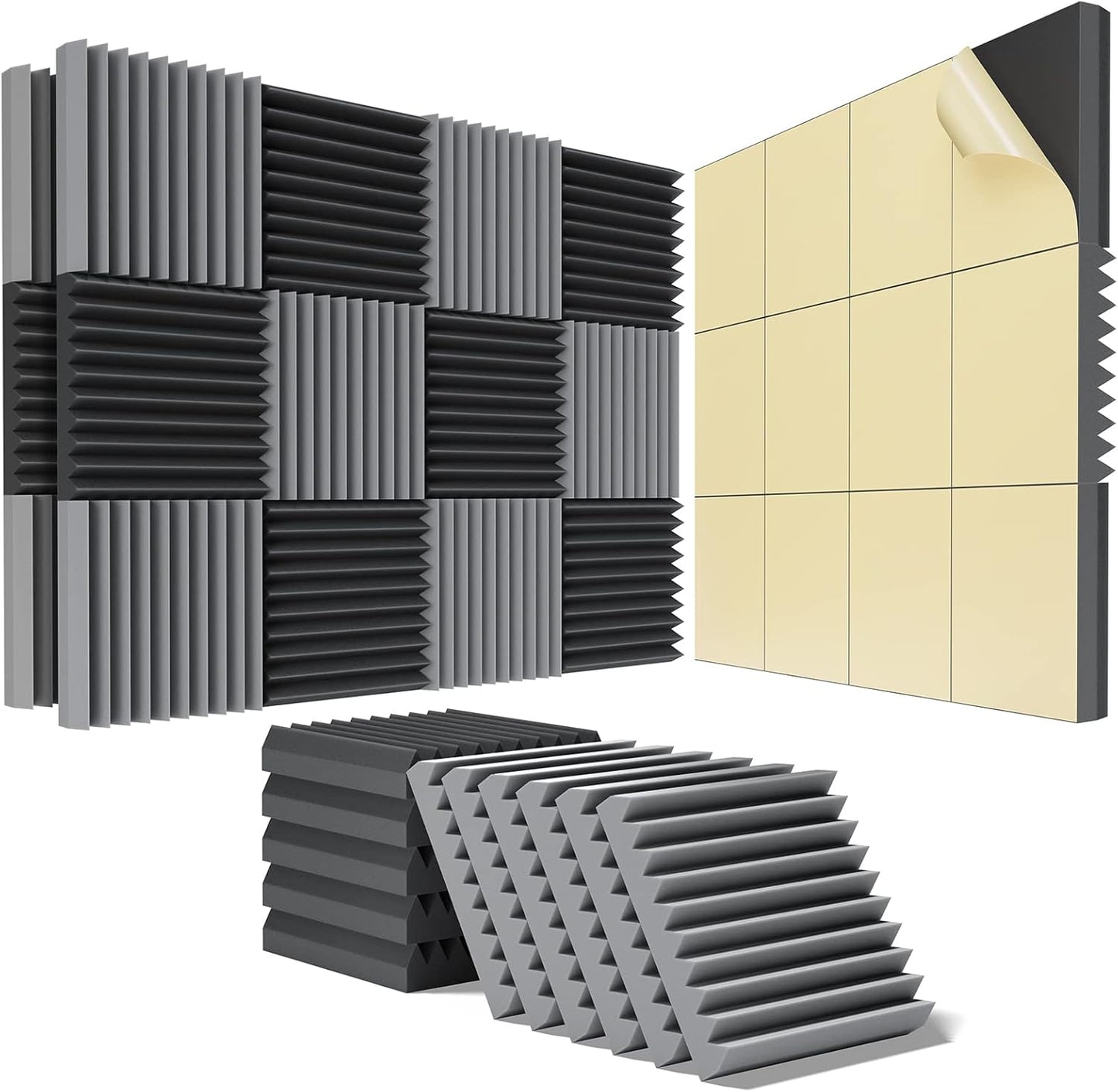 12 Pack Acoustic Panels Self-Adhesive, 1" X 12" X 12" Quick-Recovery Sound Proof Foam Panels, Acoustic Foam Wedges High Density, Soundproof Wall Panels for Home Studio,Carbon Black