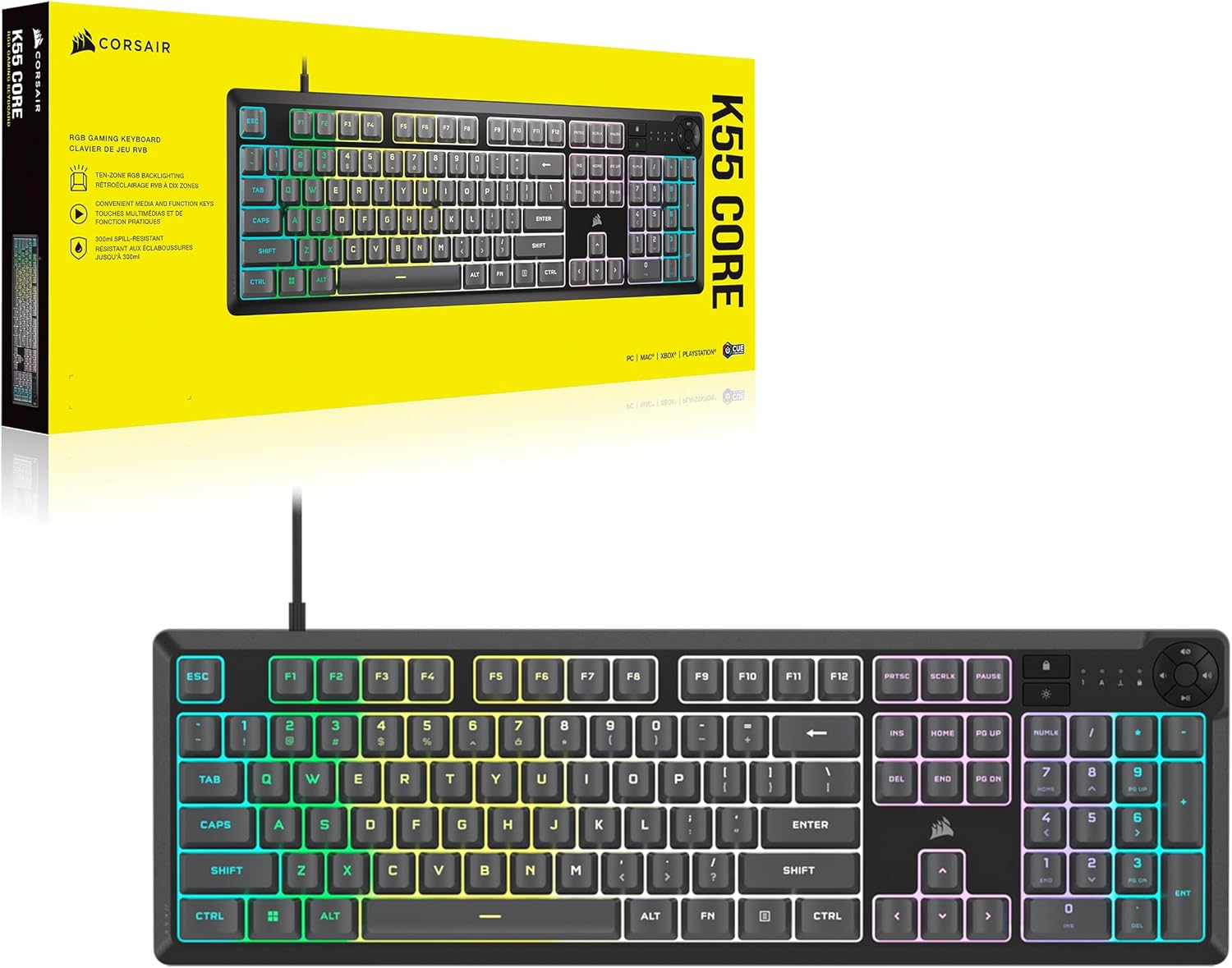 K55 CORE RGB Membrane Wired Gaming Keyboard – Quiet, Responsive Switches – Spill Resistance – Ten-Zone RGB – Media Keys – Icue Compatible – QWERTY NA – PC, Mac – Gray