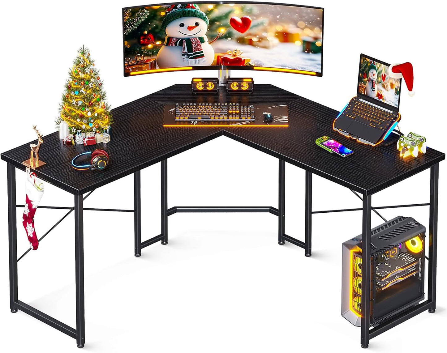 L Shaped Gaming Desk, Corner Desk Gaming Table for Home Office, Computer Desk Sturdy Writing Workstation for Small Space, Easy to Assemble, 51 Inch, Carbon Fiber Surface, Black