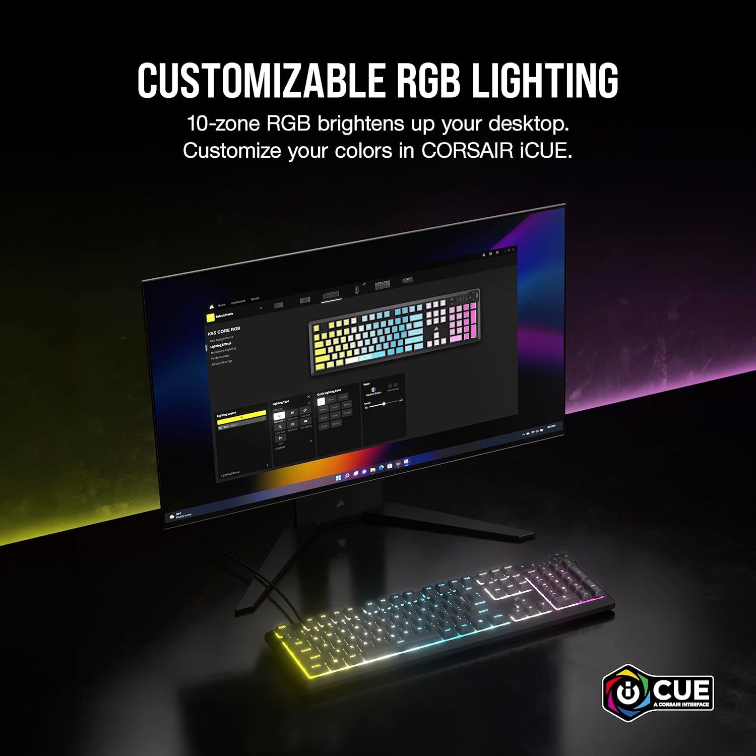 K55 CORE RGB Membrane Wired Gaming Keyboard – Quiet, Responsive Switches – Spill Resistance – Ten-Zone RGB – Media Keys – Icue Compatible – QWERTY NA – PC, Mac – Gray