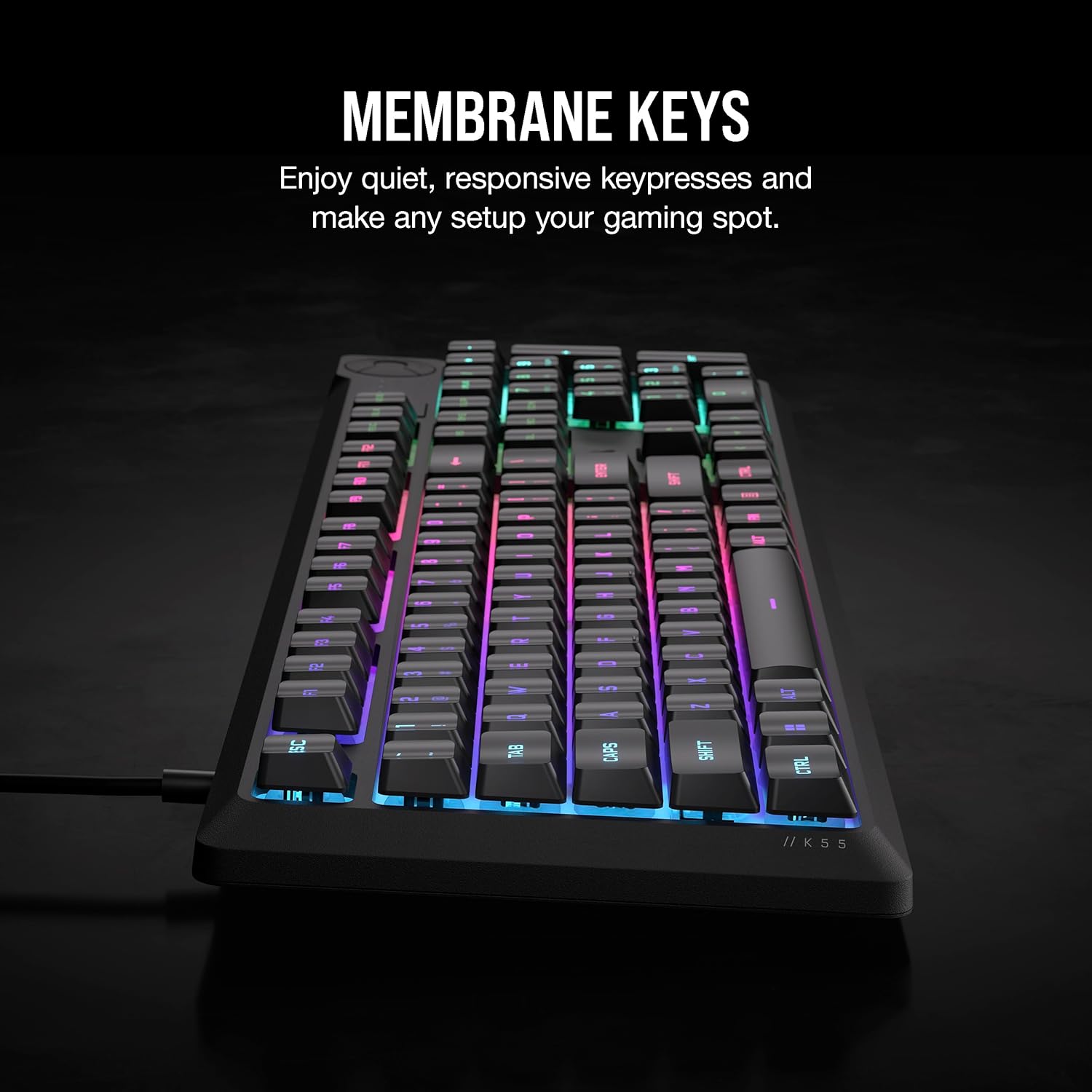 K55 CORE RGB Membrane Wired Gaming Keyboard – Quiet, Responsive Switches – Spill Resistance – Ten-Zone RGB – Media Keys – Icue Compatible – QWERTY NA – PC, Mac – Gray