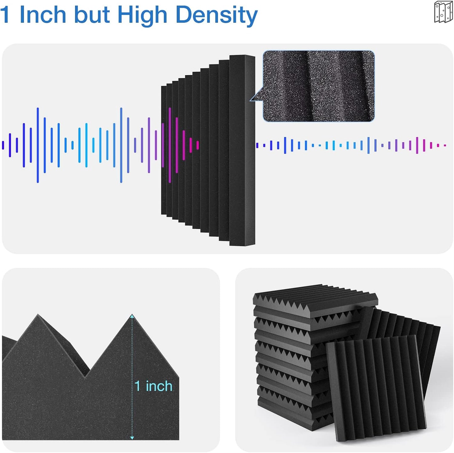 12 Pack Acoustic Panels Self-Adhesive, 1" X 12" X 12" Quick-Recovery Sound Proof Foam Panels, Acoustic Foam Wedges High Density, Soundproof Wall Panels for Home Studio,Carbon Black