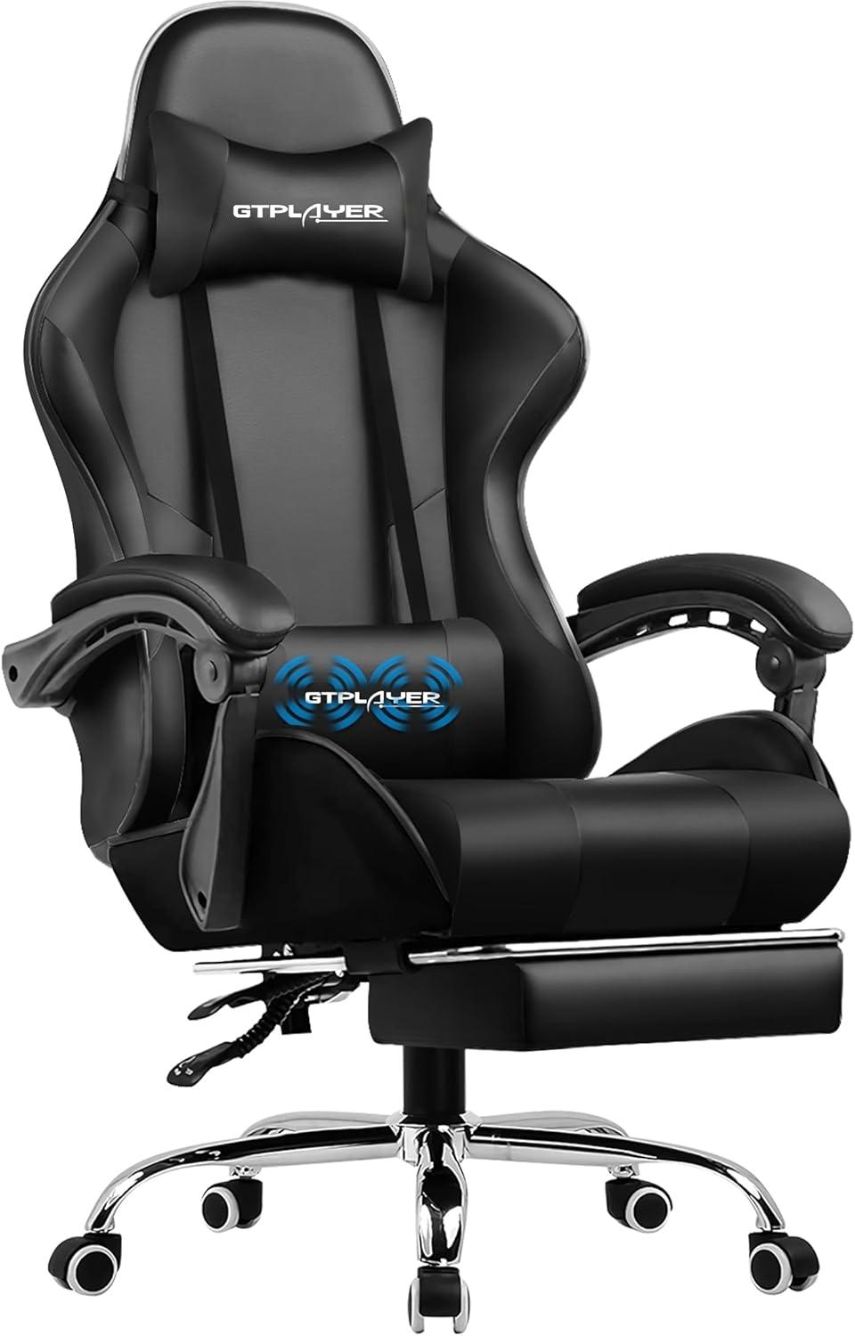 Gaming Chair, Computer Chair with Footrest and Lumbar Support, Height Adjustable Game Chair with 360°-Swivel Seat and Headrest and for Office or Gaming (Fabric, Black & Light Gray)