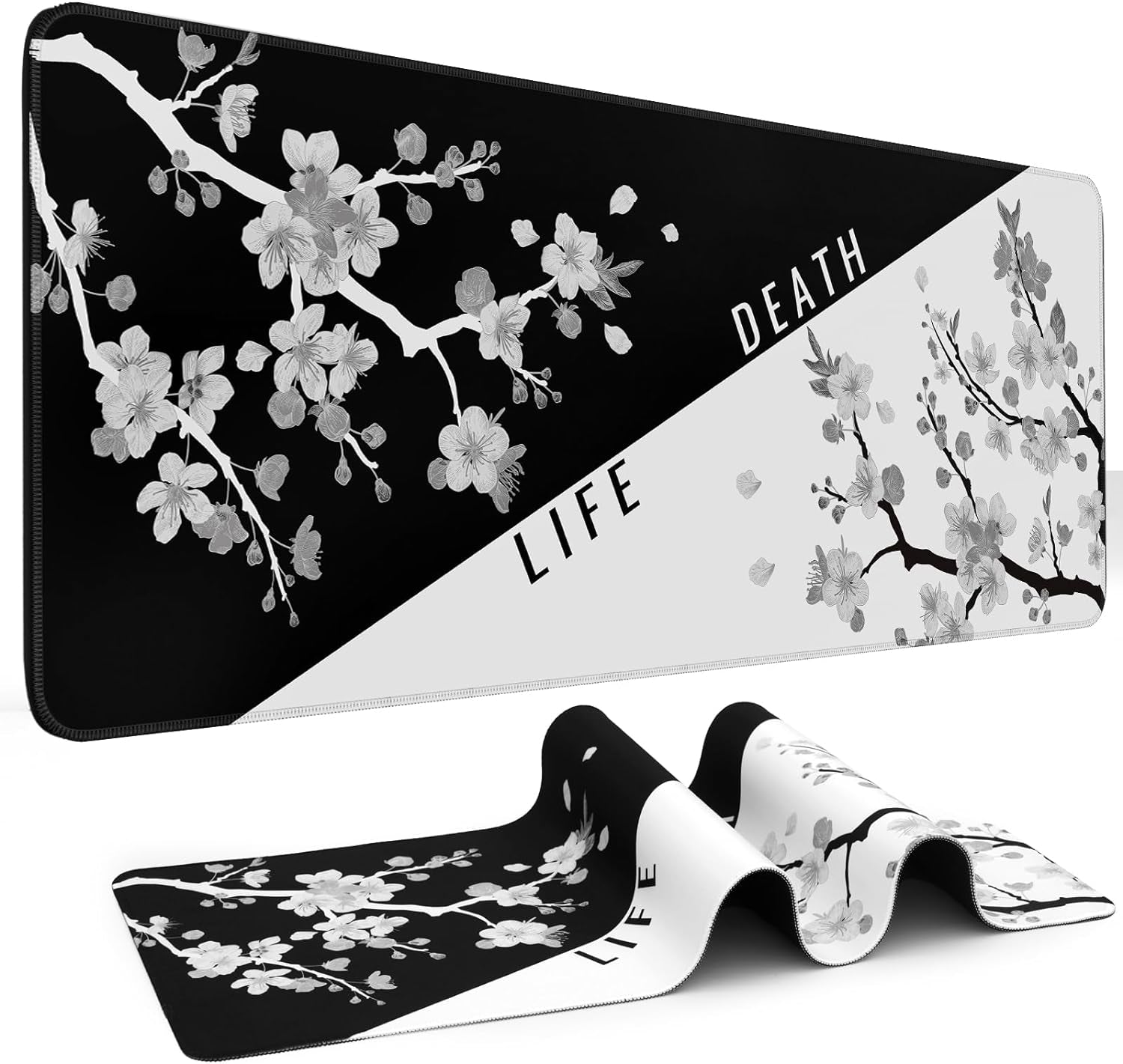 Mouse Pad Gaming Keyboard Pad 31.5 X 11.8 in Gaming Mouse Pad with Anti-Slip Rubber Base and Stitched Edges, Japanese Life Death Keyboard Mat(Black with White Cherry Blossom)