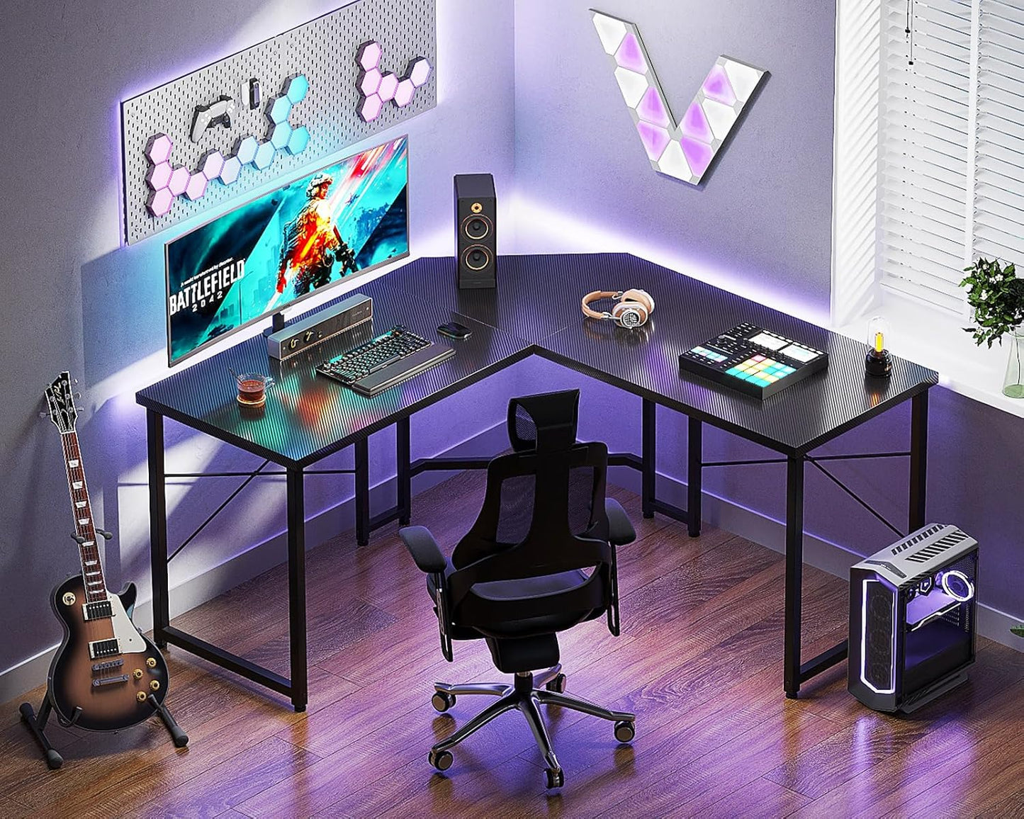 L Shaped Gaming Desk, Corner Desk Gaming Table for Home Office, Computer Desk Sturdy Writing Workstation for Small Space, Easy to Assemble, 51 Inch, Carbon Fiber Surface, Black