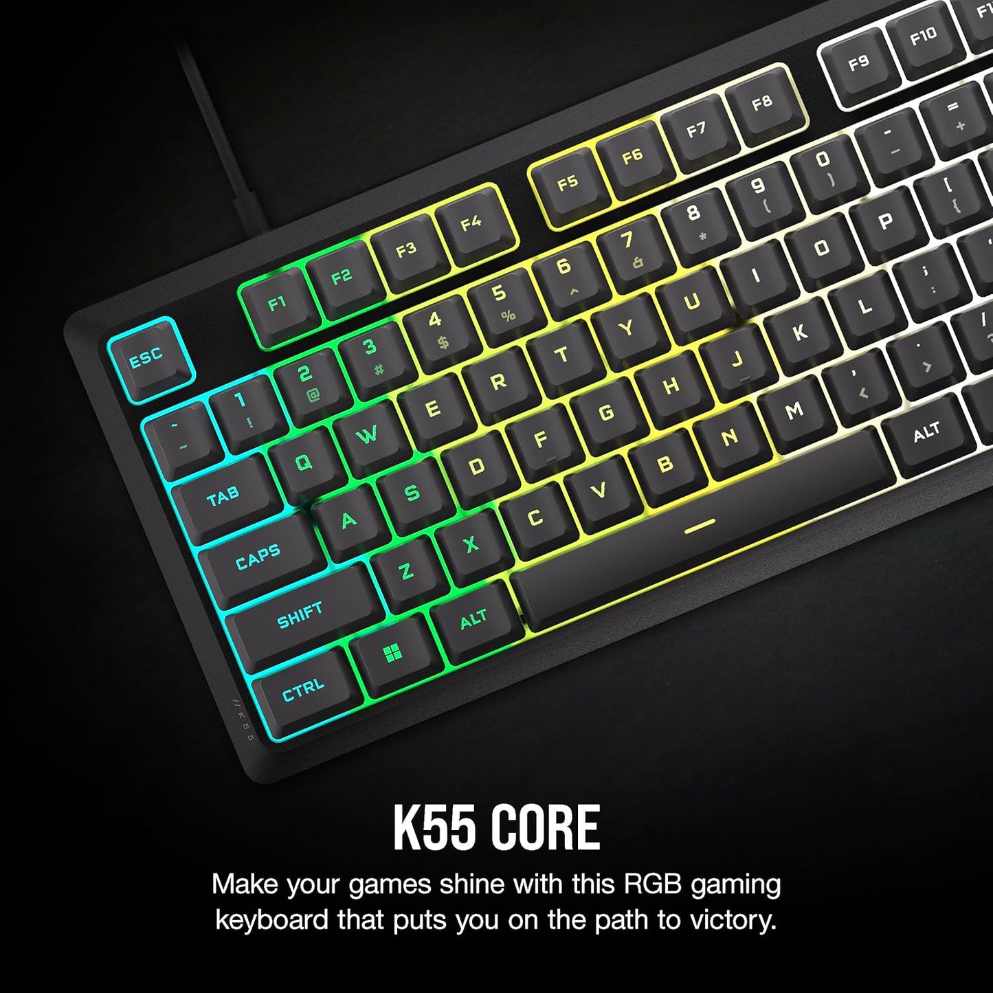 K55 CORE RGB Membrane Wired Gaming Keyboard – Quiet, Responsive Switches – Spill Resistance – Ten-Zone RGB – Media Keys – Icue Compatible – QWERTY NA – PC, Mac – Gray