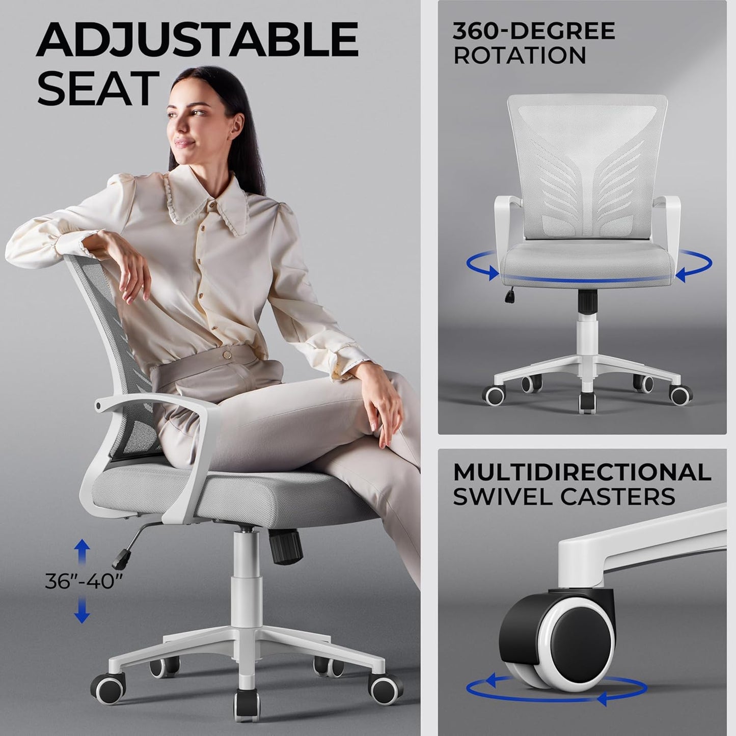 Office Chair Mesh Desk Chair Computer Chair Gaming Chair Adjustable Comfy Chair Swivel Ergonomic Chair for Home Office/Work/Study, Light Gray