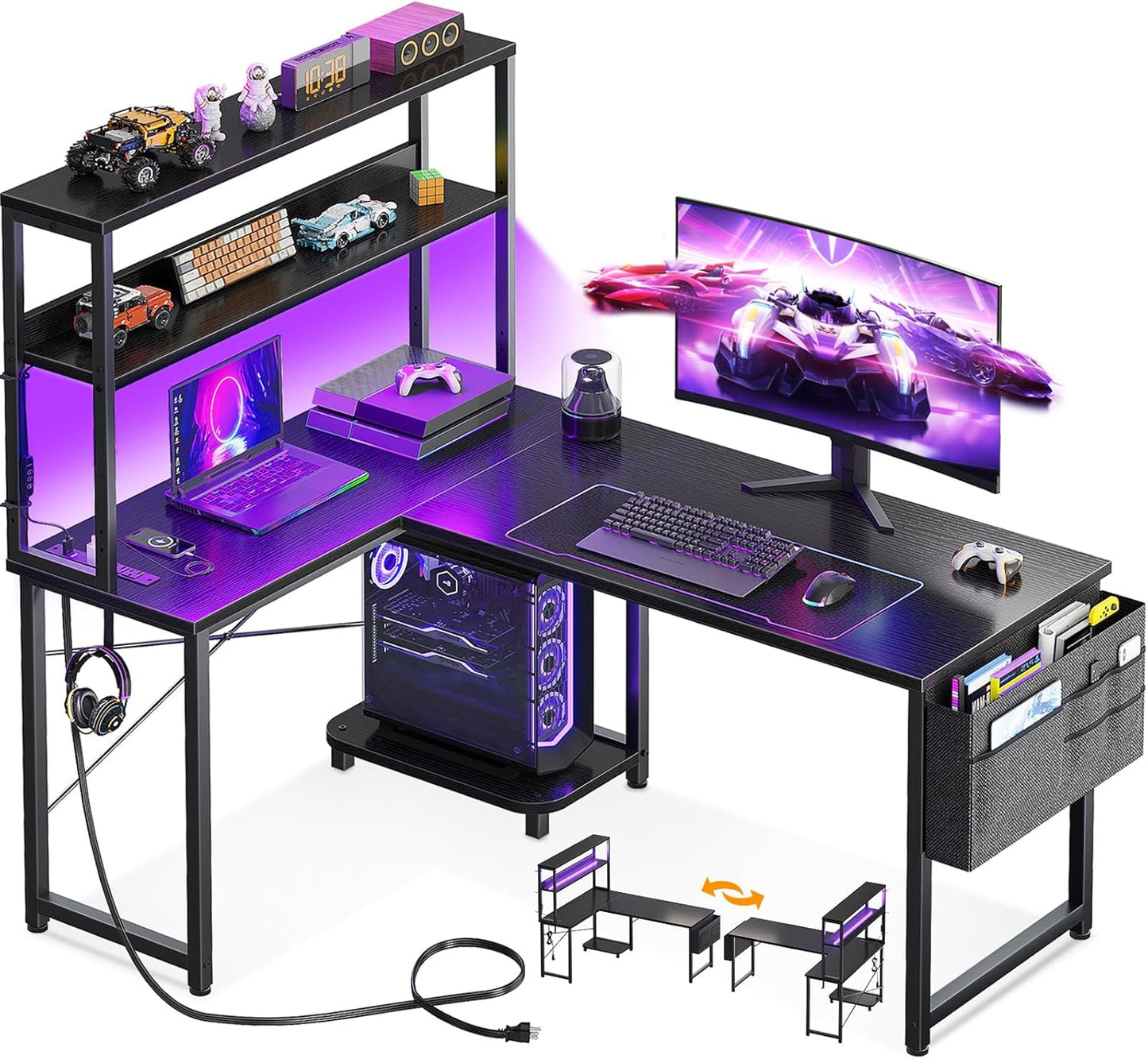 L Shaped Desk Gaming Desk with LED Light & Power Outlet, 53 Inch Reversible L Shaped Computer Desk with Shelf, Corner Desk with Storage Bag&Hook for Home Office Desk, Black