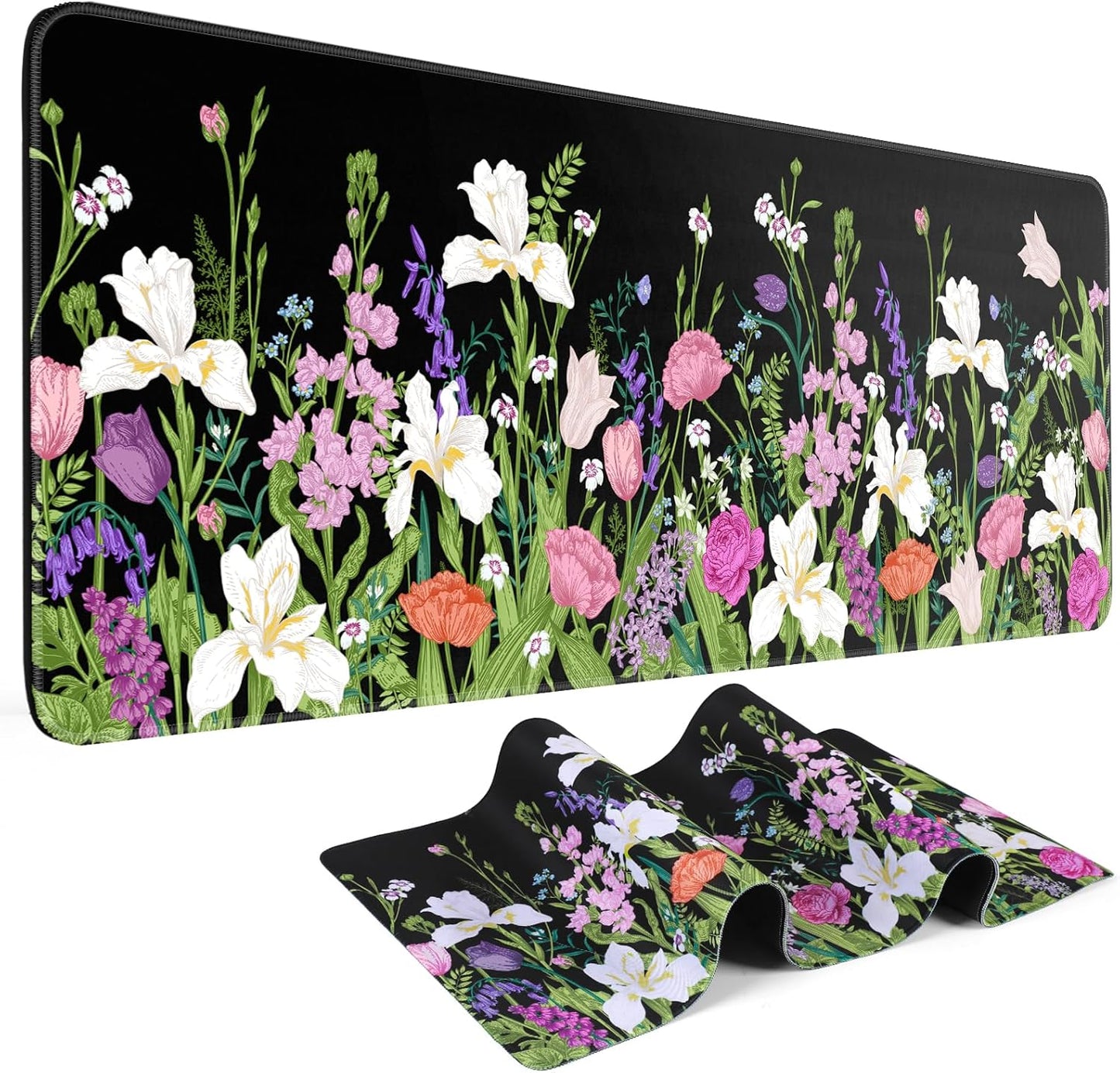 Large Gaming Mouse Pad Keyboard Pad 31.5 X 11.8 in Gaming Pad Black Mouse Pad with Anti-Slip Rubber Base, Extended Mouse Mat XL Mouse Pad Large Mouse Mat(Flower and Weeds)