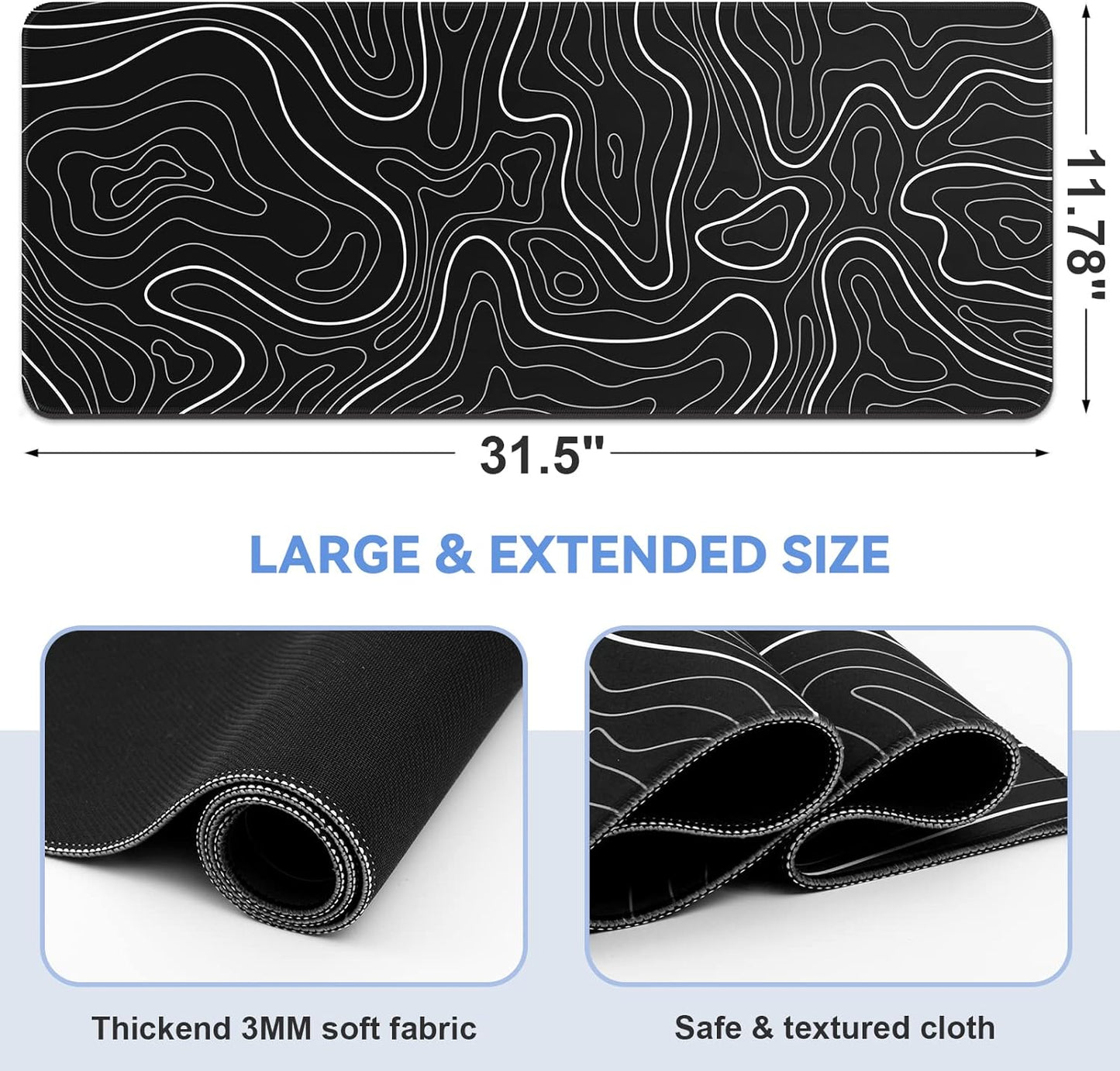 Gaming Mouse Pad Gaming Mousepad Large 31.5 X 11.8 in Black and White Mouse Pad Gaming with Stitching Edges, Non-Slip Rubber Base Large Mouse Mat Gaming Keyboard Pad(Sea Wave)