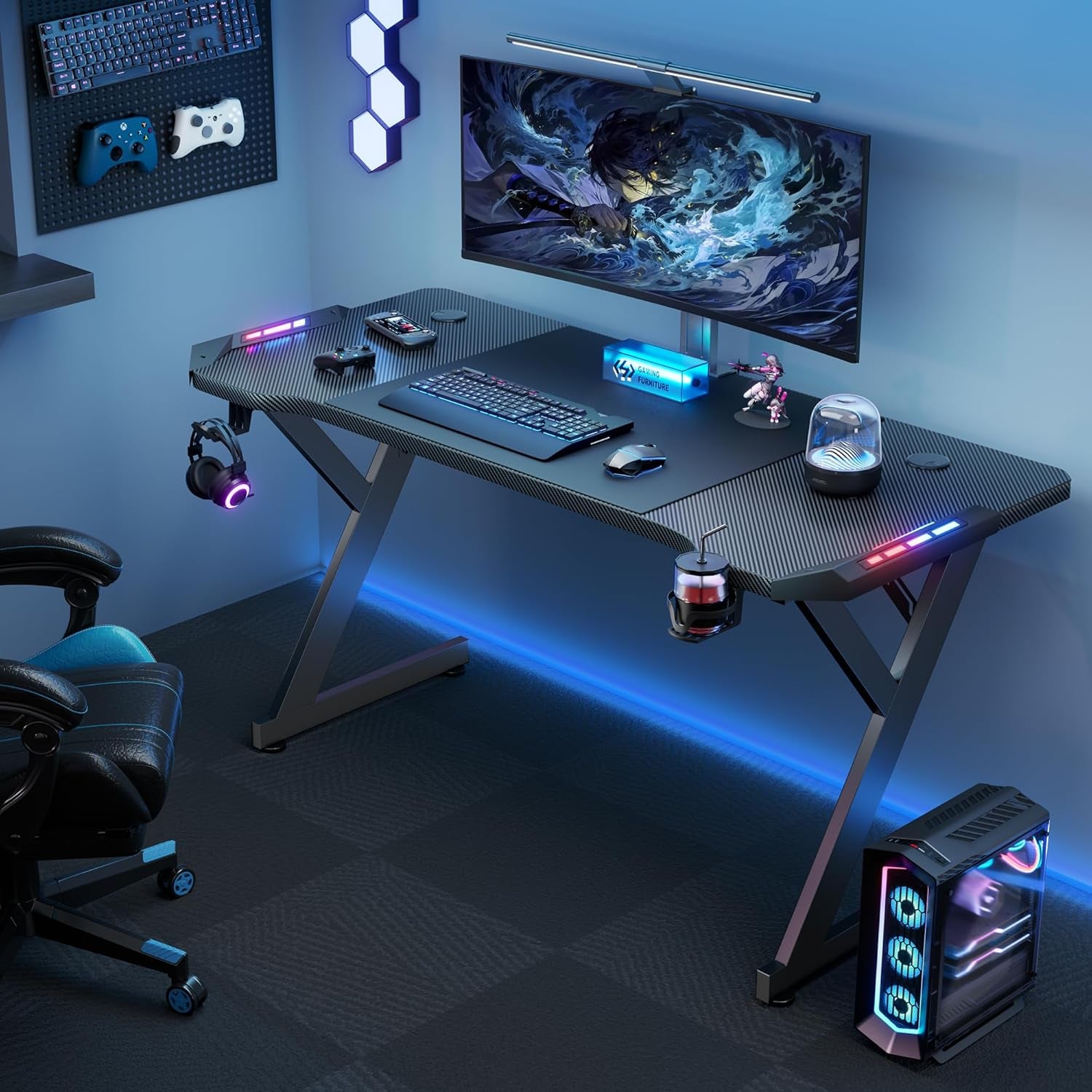 63 INCH Gaming Desk with LED Lights, Home Office Gamer Desk, Ergonomic Computer Table with Large Carbon Fiber Desktop, Office Workstation with Mouse Pad, Cup Holder & Headphone Hook, Black