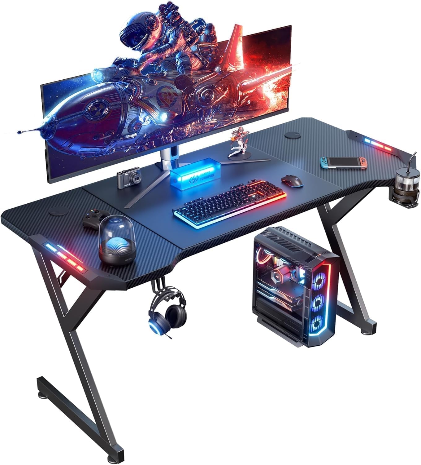 63 INCH Gaming Desk with LED Lights, Home Office Gamer Desk, Ergonomic Computer Table with Large Carbon Fiber Desktop, Office Workstation with Mouse Pad, Cup Holder & Headphone Hook, Black