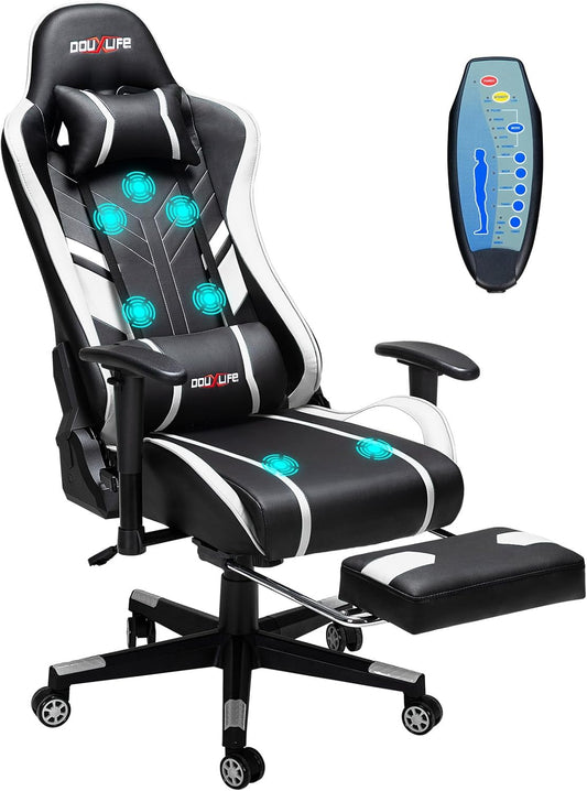 7-Point Massage Gaming Chair, 175° Gaming Recliner with Footrest Ergonomic Computer Gaming Office Chair High Back Video Game Chair with Lumbar Support, Upgraded Version White